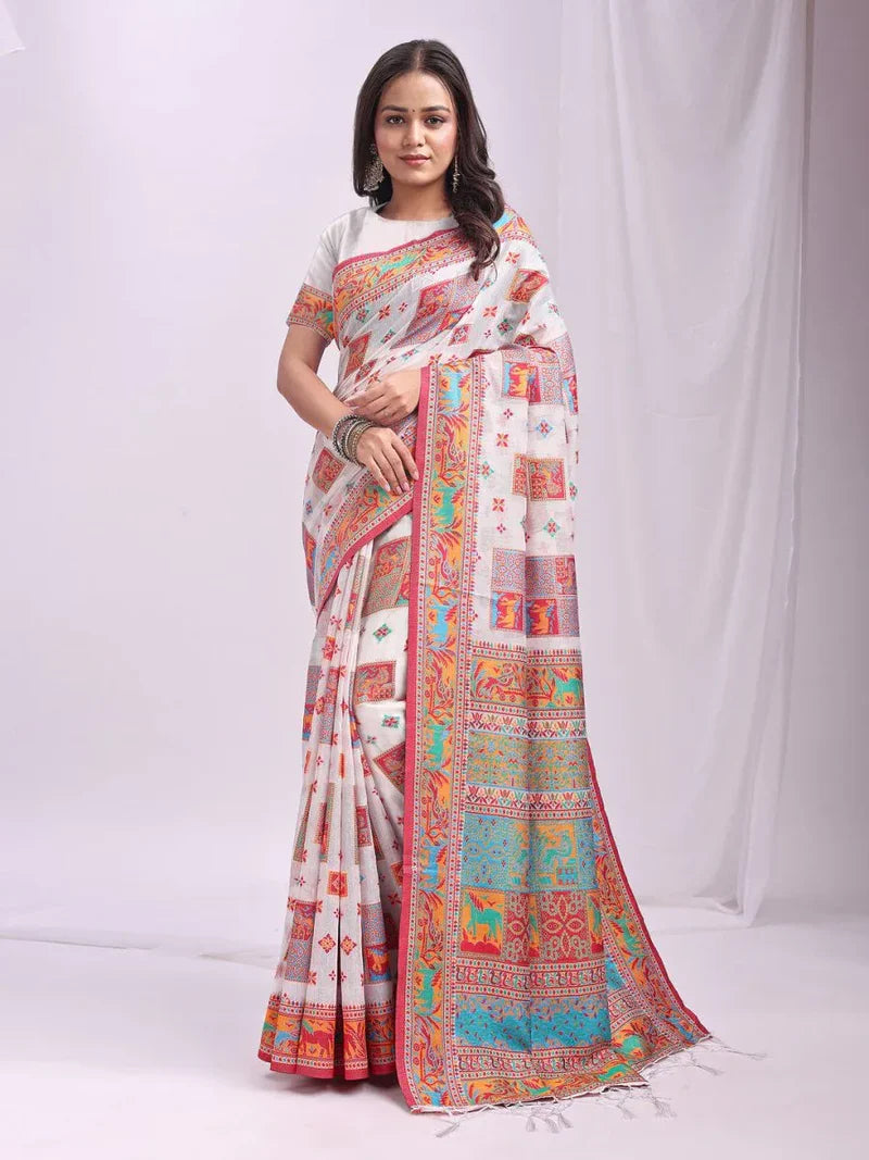 Elegant Cream and Navy Blue Banarasi Silk Saree Set