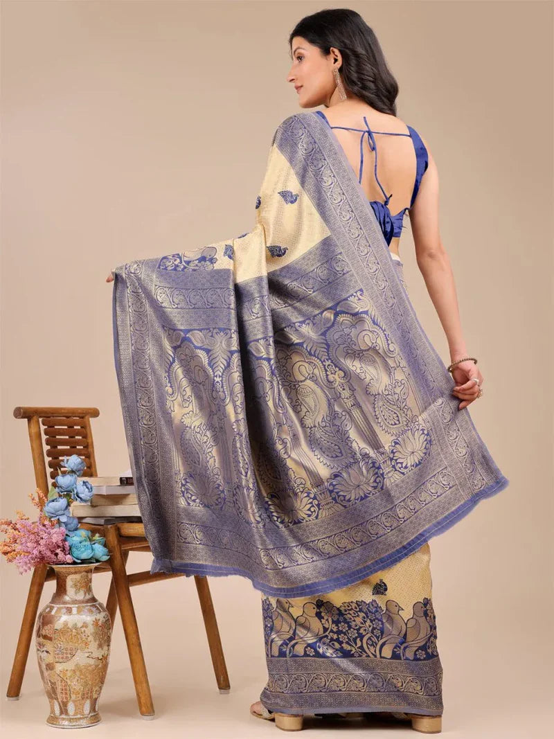 Elegant Cream and Navy Blue Banarasi Silk Saree Set