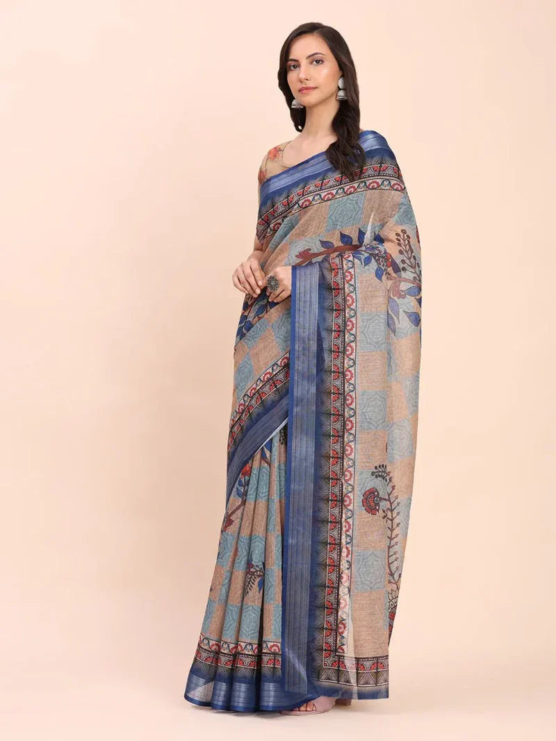 Cream Sanskrit Prints Linen Cotton Saree with Blouse Piece