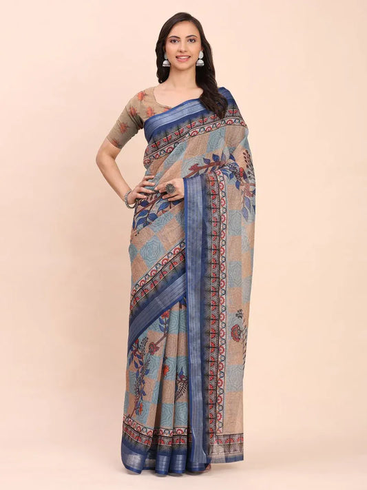 Cream Sanskrit Prints Linen Cotton Saree with Blouse Piece