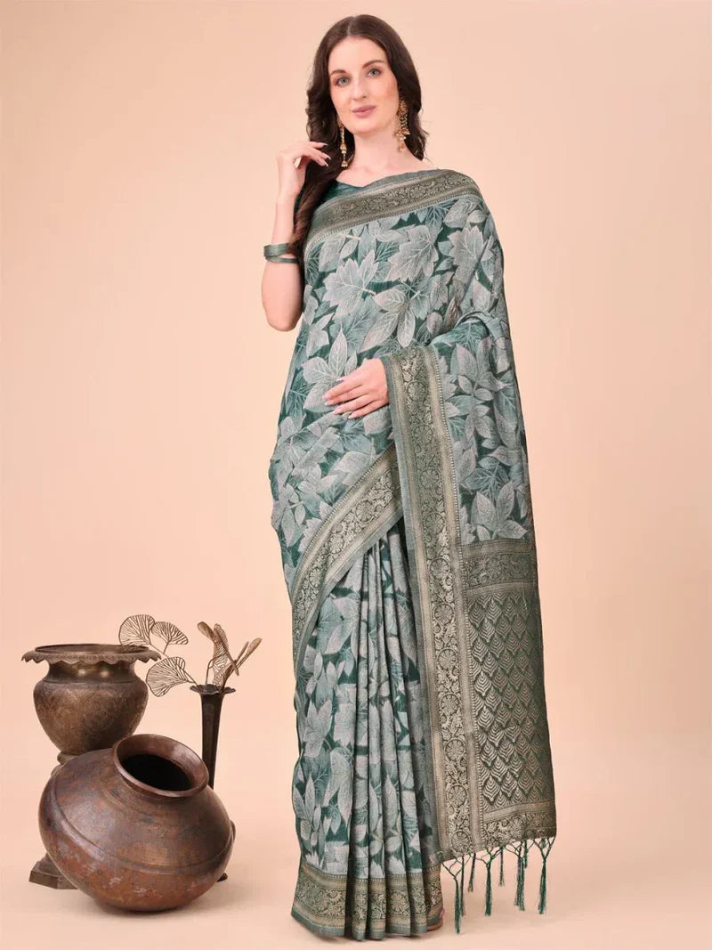 Green Cotton Saree With Blouse Piece