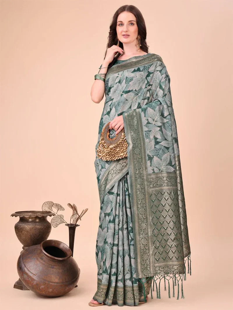 Green Cotton Saree With Blouse Piece