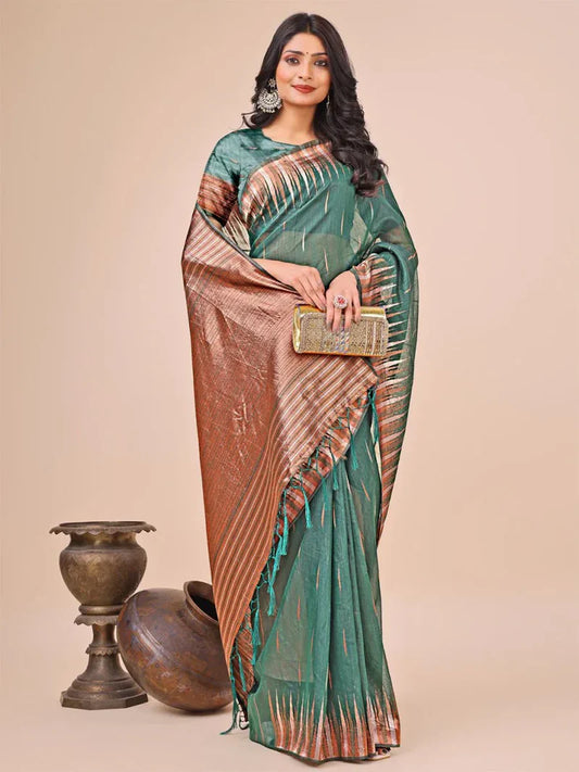 Green Linen Cotton Saree with Blouse Piece