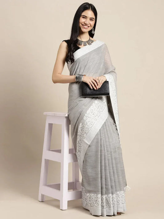 Grey Glory Linen Saree with Blouse Piece