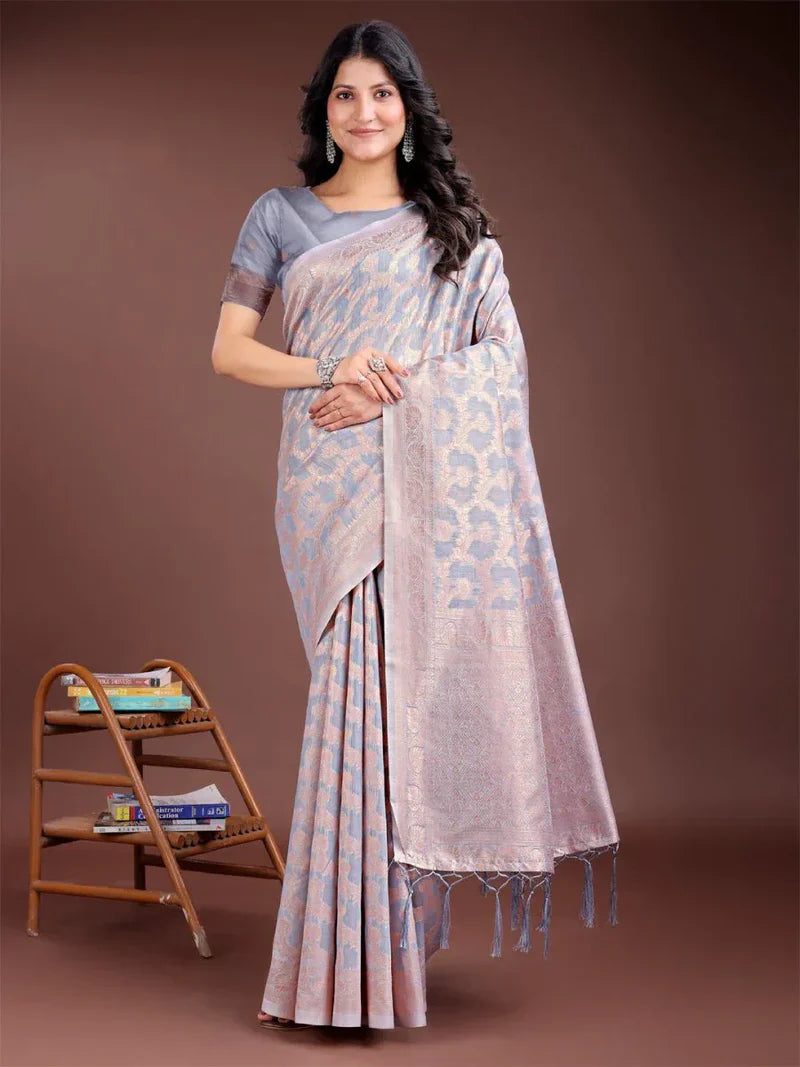 Grey Linen Cotton Saree with Blouse Piece