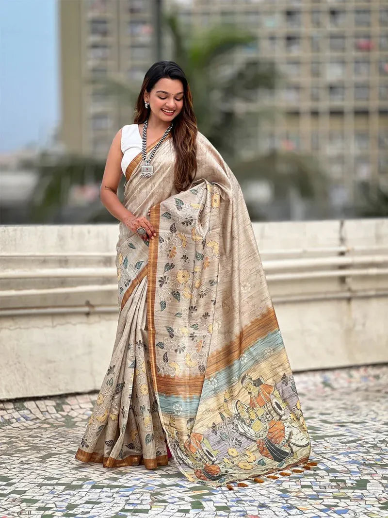 Light Gold Digital Printed Silk Saree with Blouse Piece