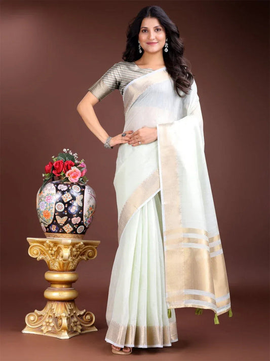 Light Green Cotton Saree with Blouse Piece