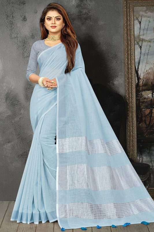 Elegant Sky Blue Linen Blend Saree