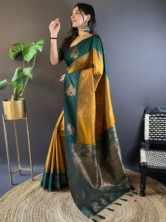 Mehandi Green & Golden Yellow Soft Silk Saree Set
