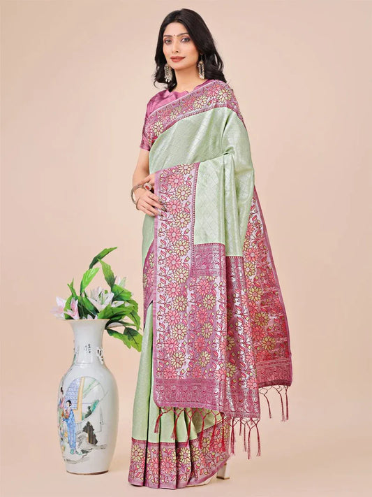 Olive Green Lichi Silk Saree With Blouse Piece