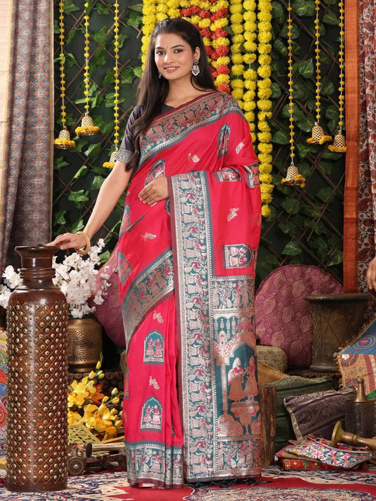 Red Paithani Silk Saree with Teal Border & Blouse Piece