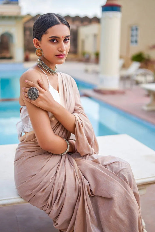 Sand Beige Mulmul Cotton Saree