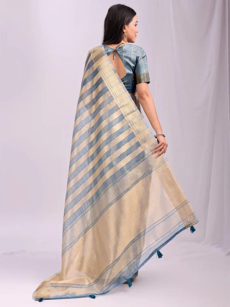 Sky Blue & Gold Striped Silk Saree with Blouse Piece