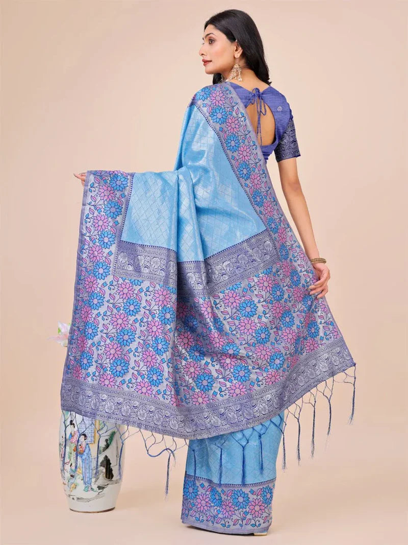 Sky Blue Lichi Silk Saree with Blouse Piece