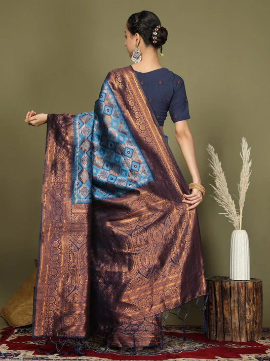 Sky Blue Lichi Silk Saree with Blouse Piece