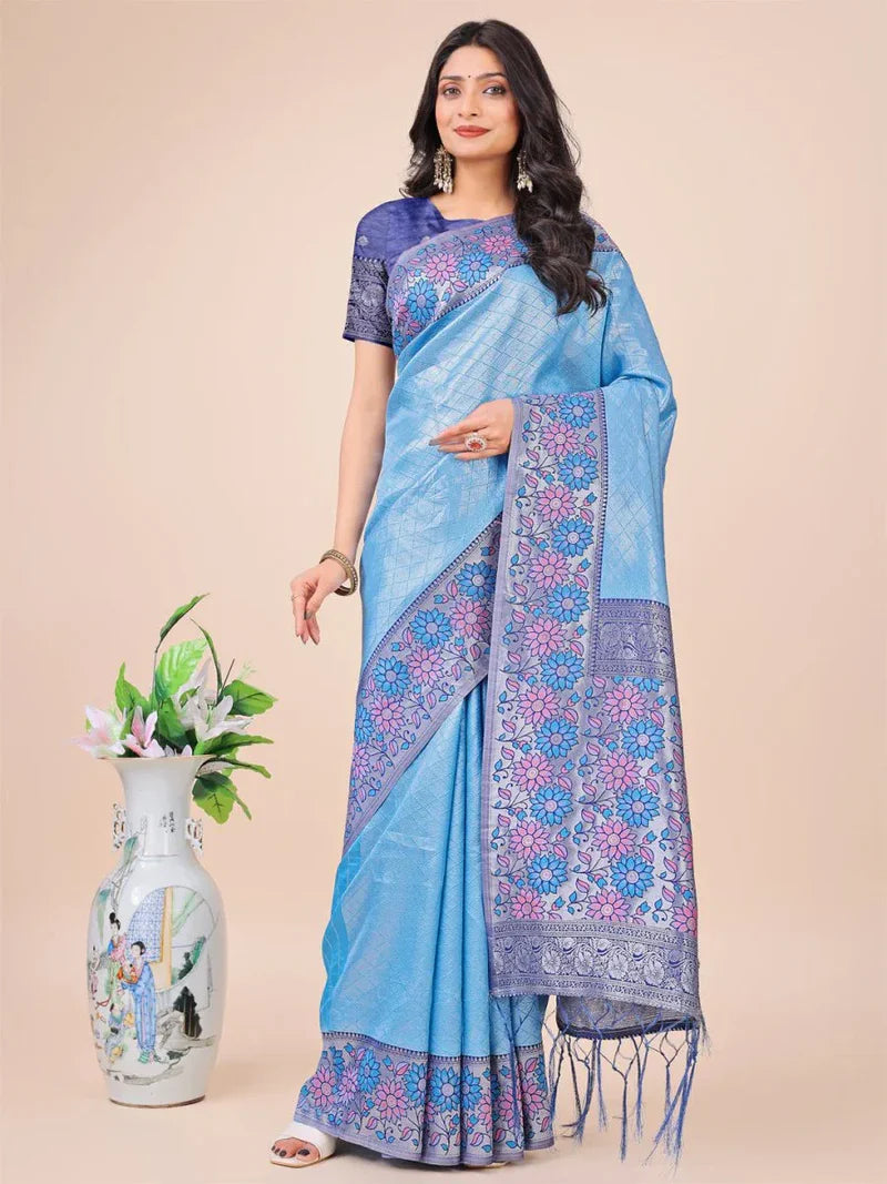 Sky Blue Lichi Silk Saree with Blouse Piece