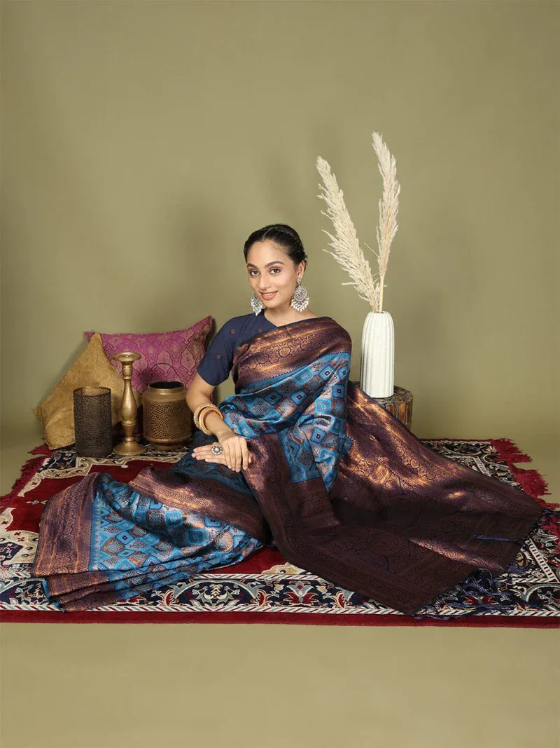 Sky Blue Lichi Silk Saree with Blouse Piece