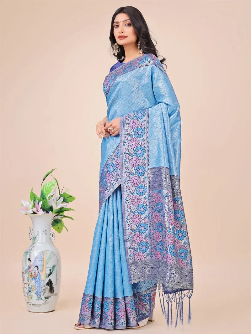 Sky Blue Lichi Silk Saree with Blouse Piece
