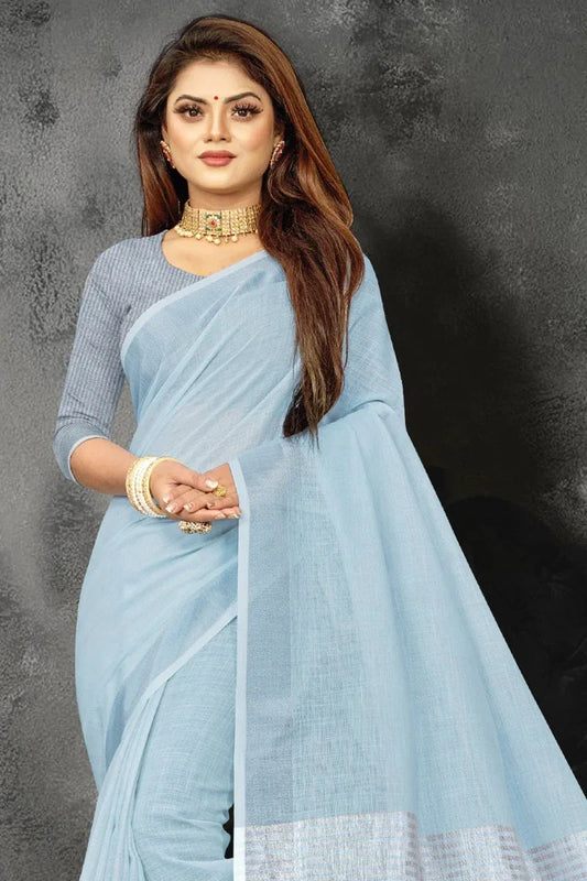Elegant Sky Blue Linen Blend Saree