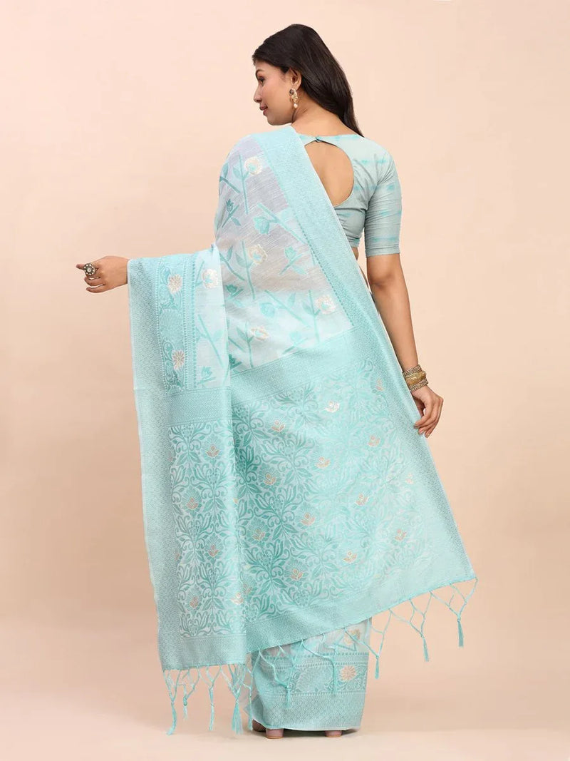 Sky Blue Linen Cotton Saree With Blouse Piece