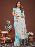 Elegant Sky Blue Linen–Cotton Blend Saree Set