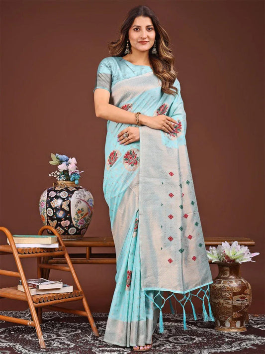 Elegant Sky Blue Linen–Cotton Blend Saree Set