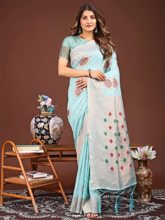 Sky Blue Linen Cotton Saree With Blouse Piece