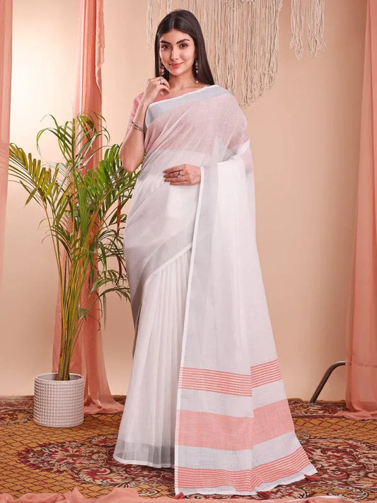 Ivory White Linen Cotton Saree with Peach Border & Blouse Piece