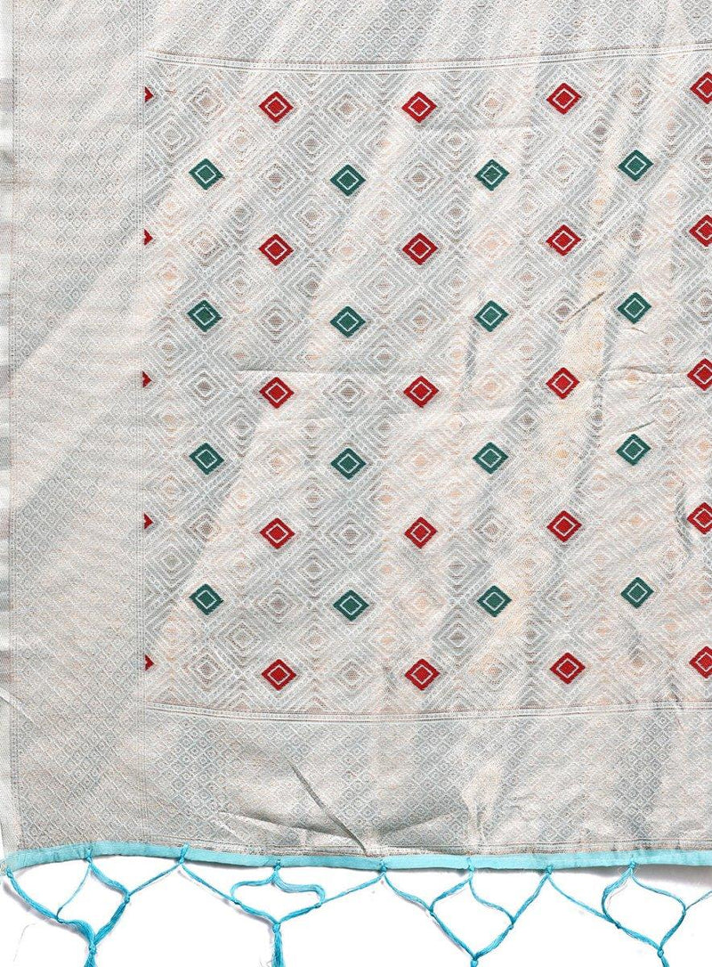 Elegant Sky Blue Linen–Cotton Blend Saree Set