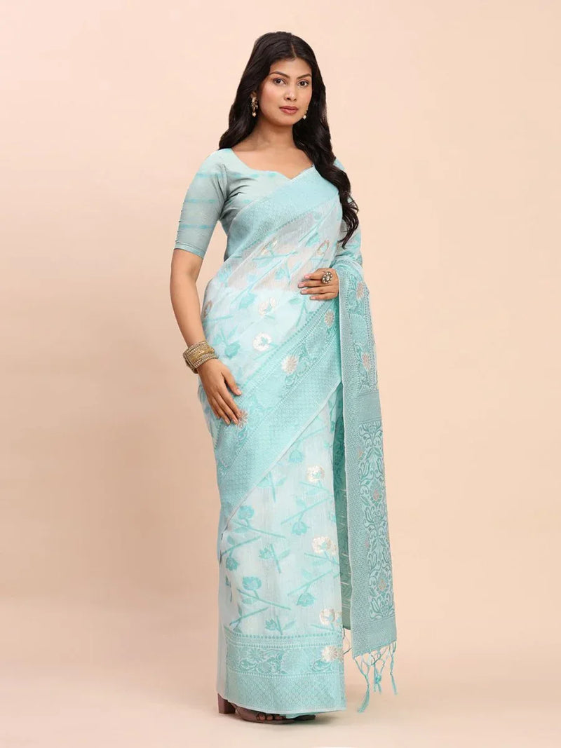 Sky Blue Linen Cotton Saree With Blouse Piece