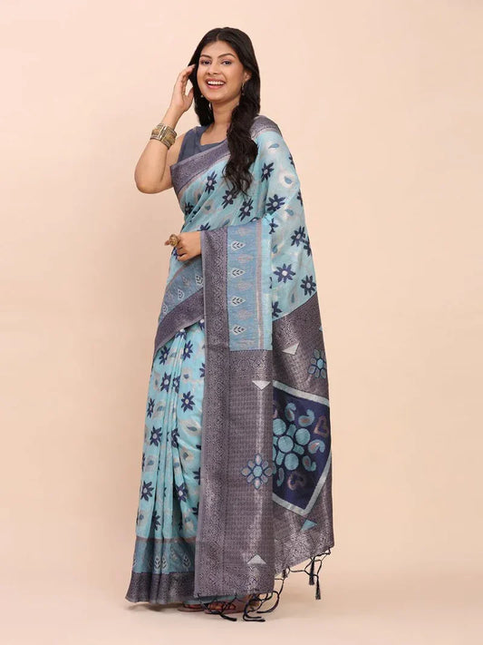 Timeless Sky Blue Linen Cotton Saree Collection