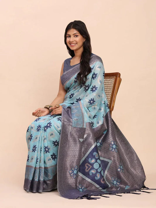 Timeless Sky Blue Linen Cotton Saree Collection