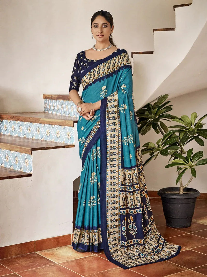 Breathable Sky Blue Mulmul Cotton Saree Collection