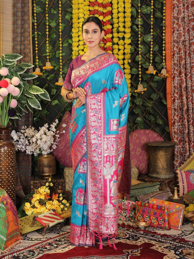 Sky Blue Silk Saree with Blouse Piece