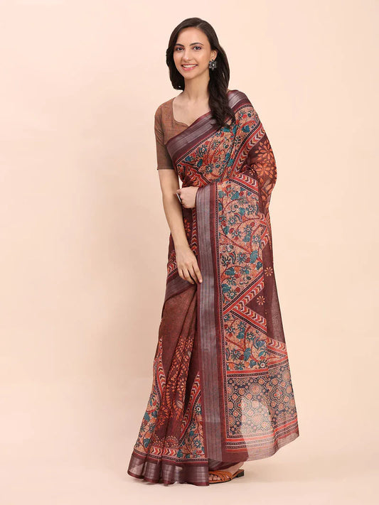 Brown Sanskrit Prints Linen Cotton Saree with Blouse Piece