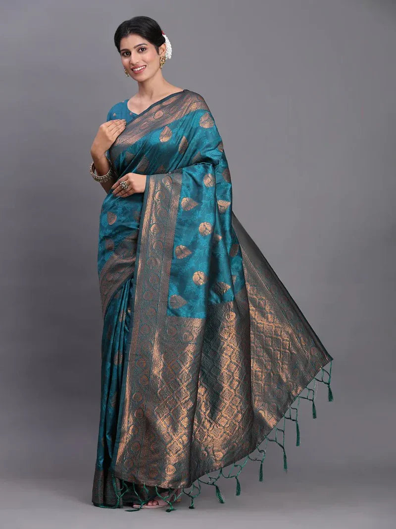 Teal Blue Silk Saree with Blouse Piece
