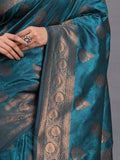 Teal Blue Silk Saree with Blouse Piece