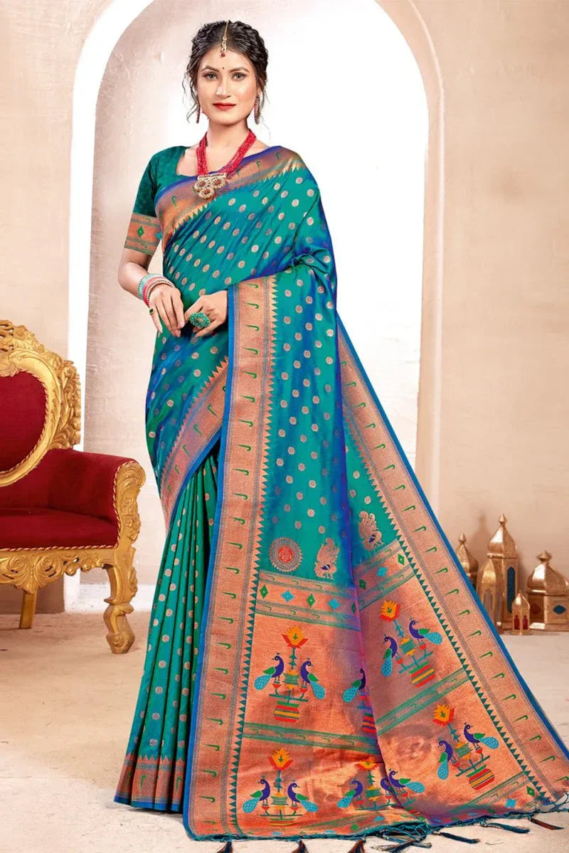 Turquoise Paithani Silk Saree with Blouse Piece
