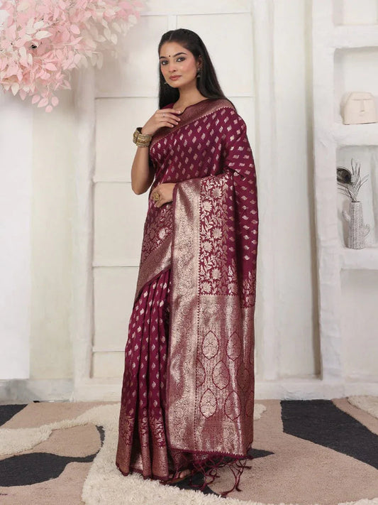 Premium Wine Lichi Silk Saree Ensemble