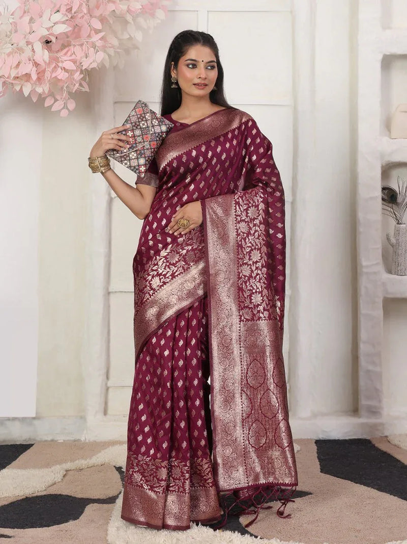 Premium Wine Lichi Silk Saree Ensemble