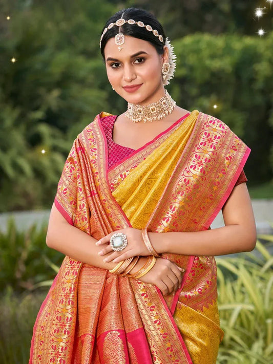 Elegant Yellow Banarasi Silk Saree Set
