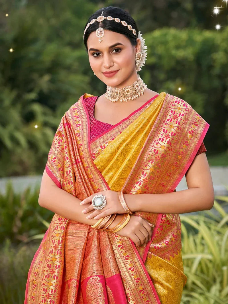 Elegant Yellow Banarasi Silk Saree Set