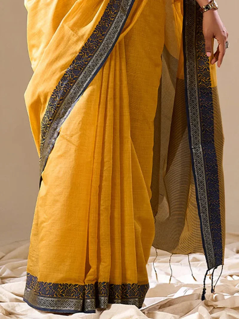 Yellow Cotton Festive Wear Saree With Blouse Piece