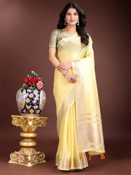 Yellow Cotton Saree with Blouse Piece