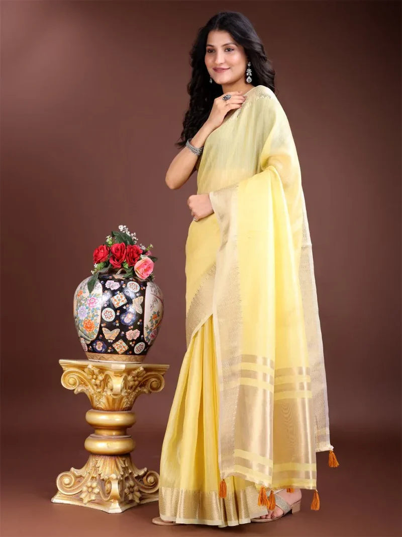 Yellow Cotton Saree with Blouse Piece