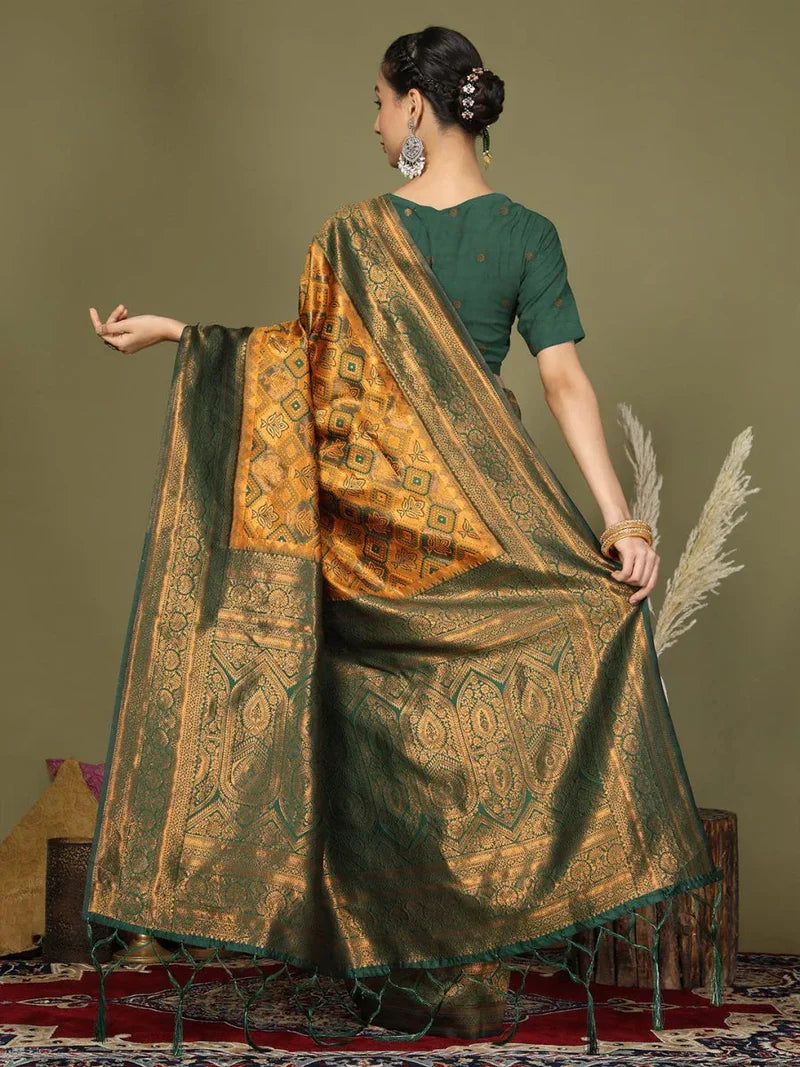 Dark Green & Copper Woven Silk Saree with Rich Border