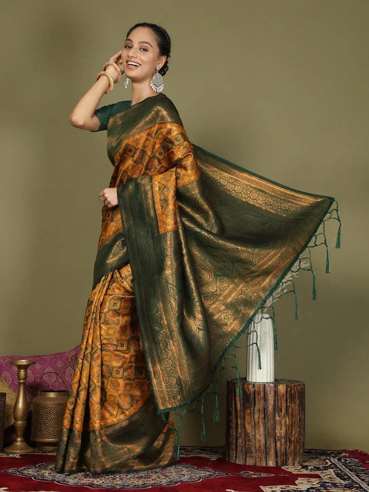 Dark Green & Copper Woven Silk Saree with Rich Border